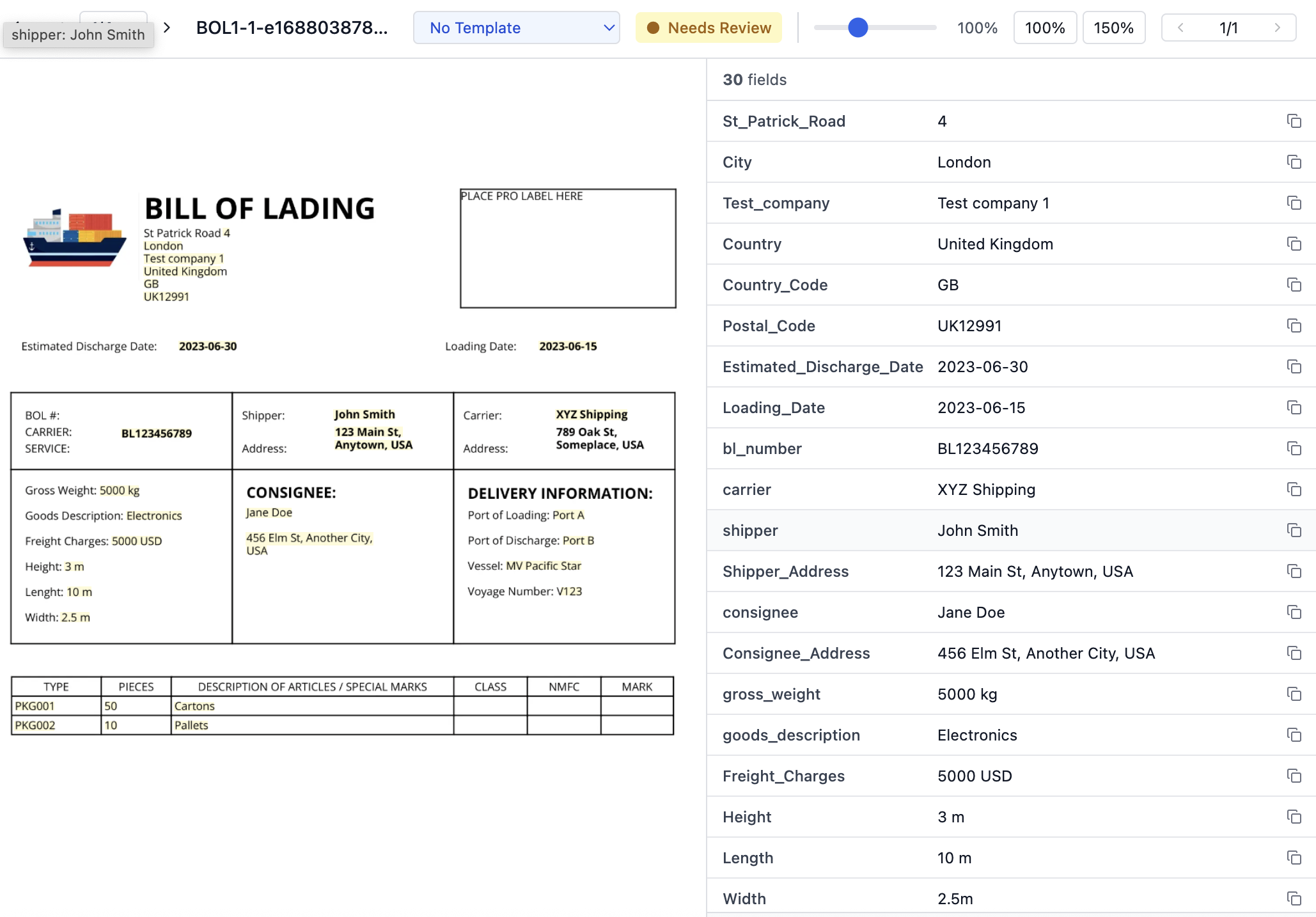 The DocAI review page: a rate confirmation on the left, the extracted fields on the right, one field highlighted on the page.